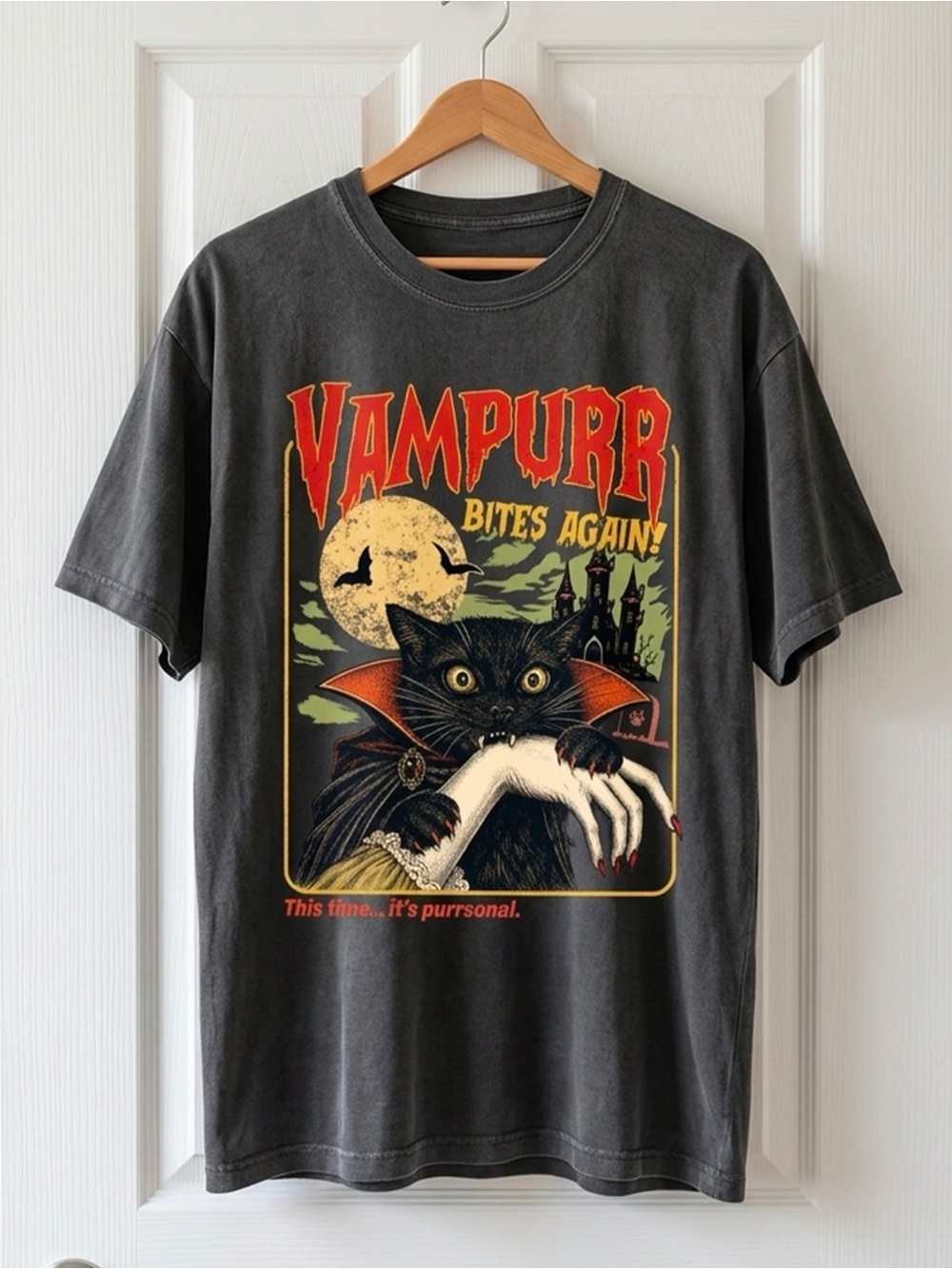 Comfort Colors Vampurr Bites Again! Graphic Tee - Black with Red & Cream Accents